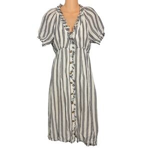 Pilcro Anthropologie Striped Linen Ruffle Button Front Midi Dress White Blue 6